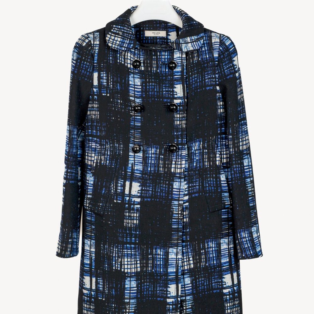 Prada AW/10 Blue Wool Abstract-Print Double-Breasted Coat